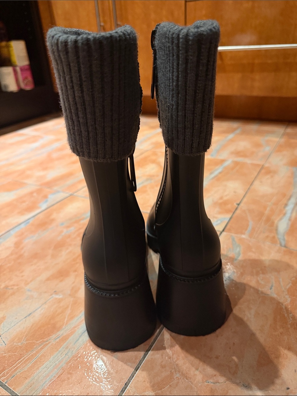 Tendance Black Knit Cuff Rain Boots for Women Made In France - Picture 2 of 5